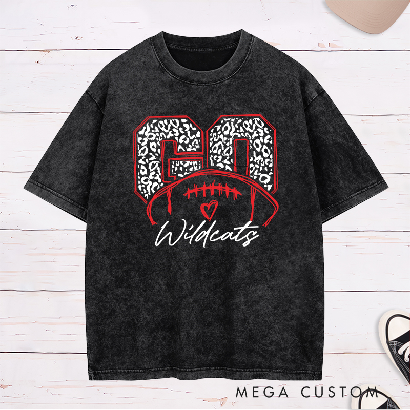 Personalized American Football and Rugby Leopard Washed T-Shirts Featuring Custom Your Team Name on the Front