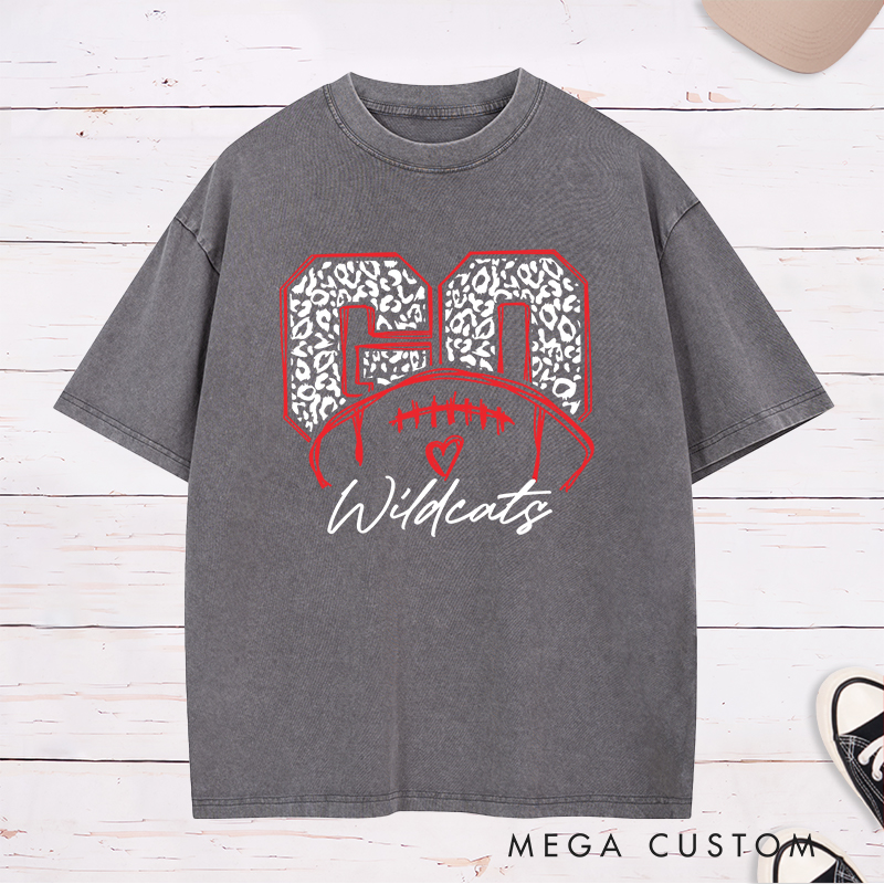 Personalized American Football and Rugby Leopard Washed T-Shirts Featuring Custom Your Team Name on the Front