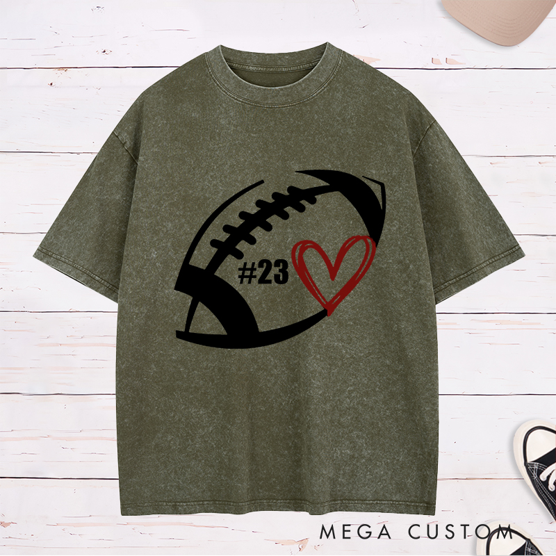 Personalized American Football and Rugby Washed T-Shirts Featuring Custom Number on the Front