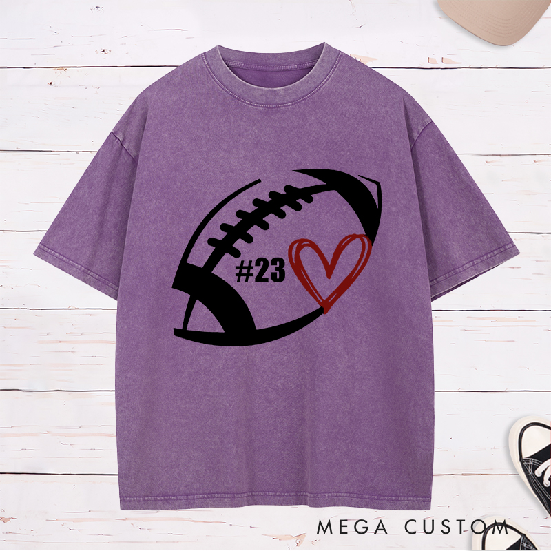 Personalized American Football and Rugby Washed T-Shirts Featuring Custom Number on the Front