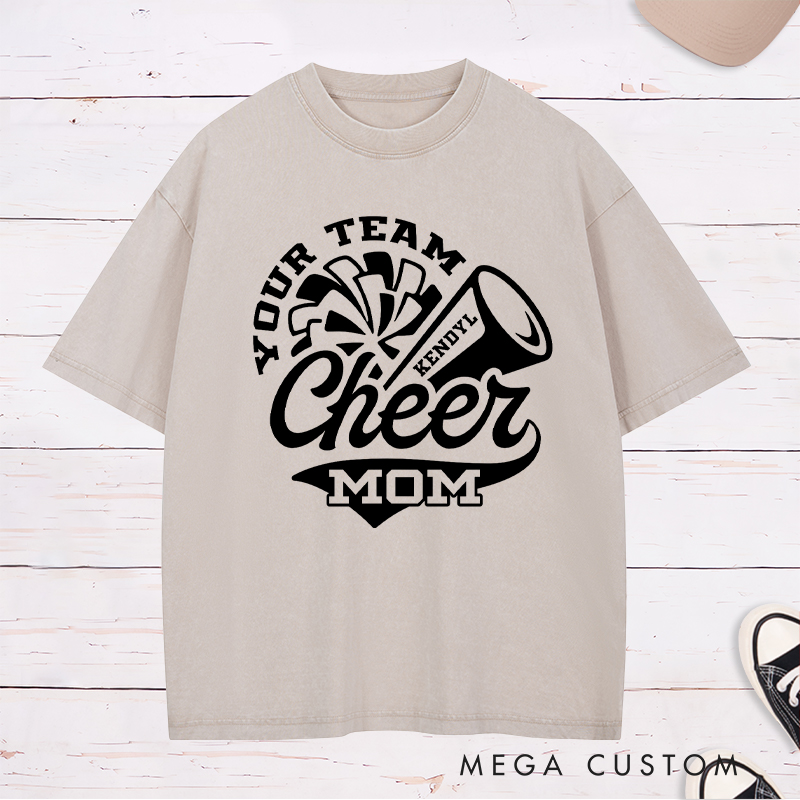 Personalized Cheer Mom Washed T-Shirts Featuring Custom Team Name and Player Name on the Front for Game Day Spirit