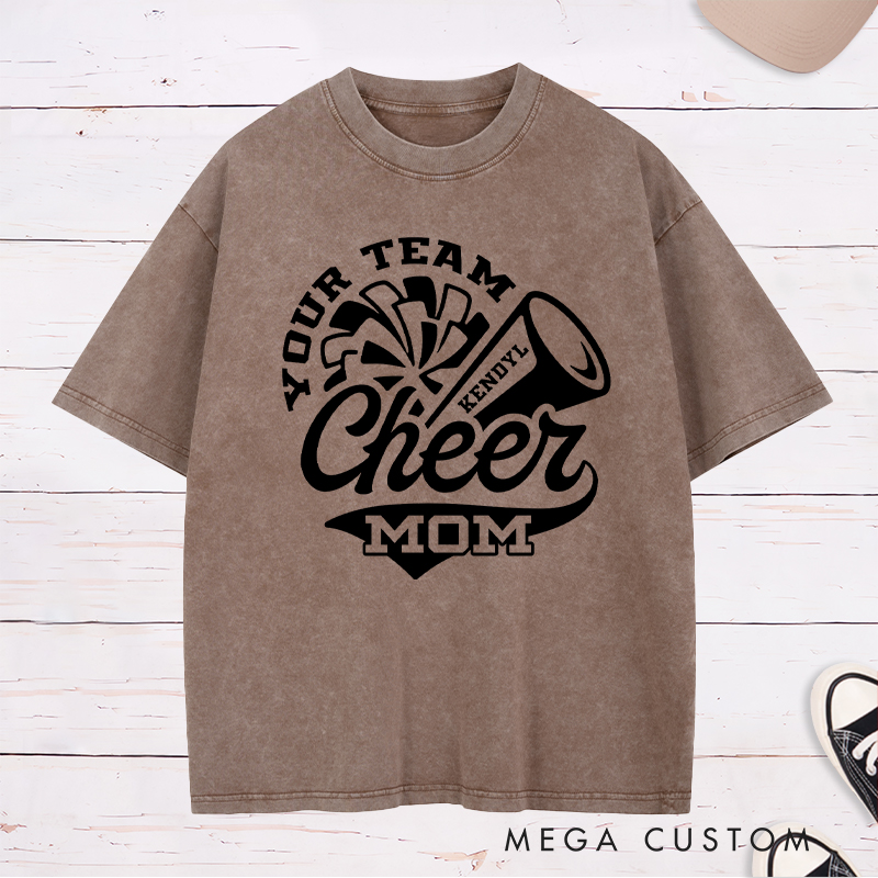 Personalized Cheer Mom Washed T-Shirts Featuring Custom Team Name and Player Name on the Front for Game Day Spirit
