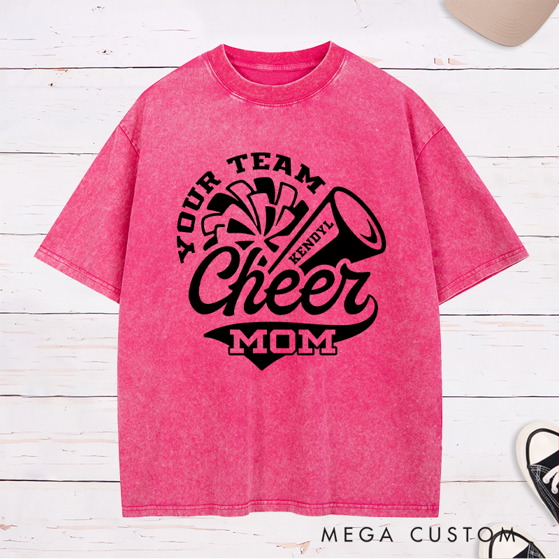 Personalized Cheer Mom Washed T-Shirts Featuring Custom Team Name and Player Name on the Front for Game Day Spirit