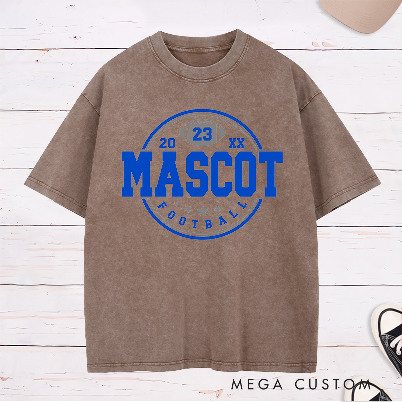 Personalized American Football Washed T-Shirts Featuring Custom Mascot ,Number and Year on the Front
