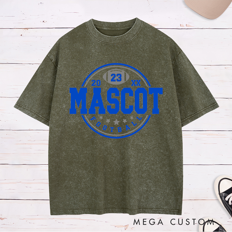 Personalized American Football Washed T-Shirts Featuring Custom Mascot ,Number and Year on the Front