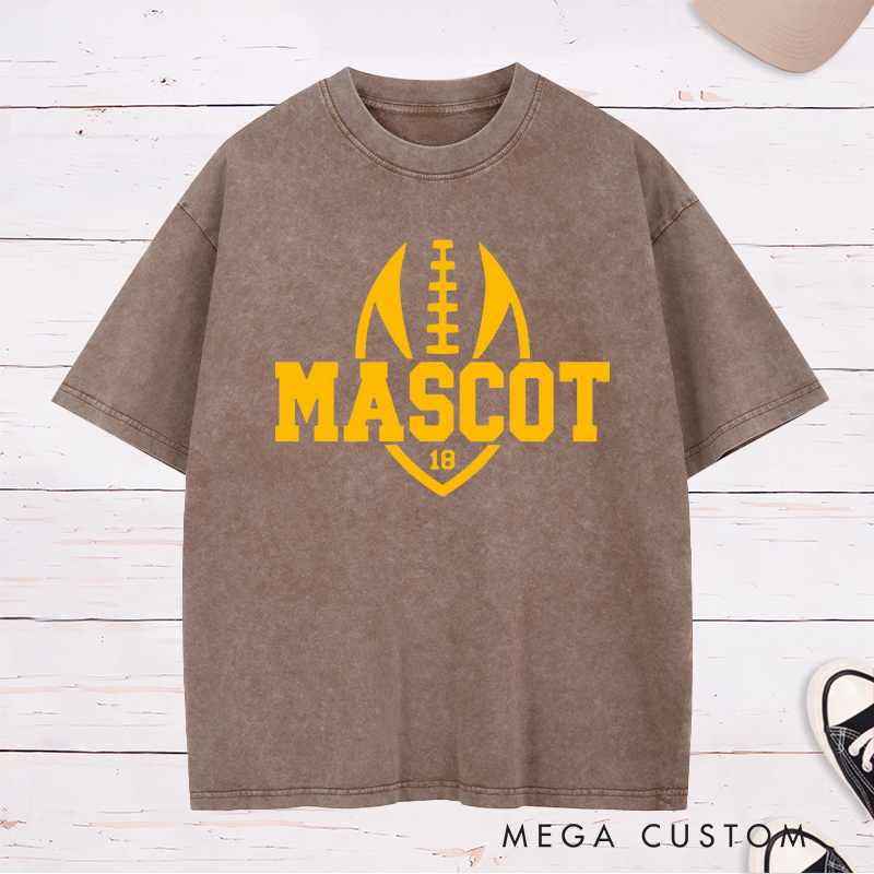 Personalized American Football and Rugby Washed T-Shirts Featuring Custom Mascot and Number on the Front