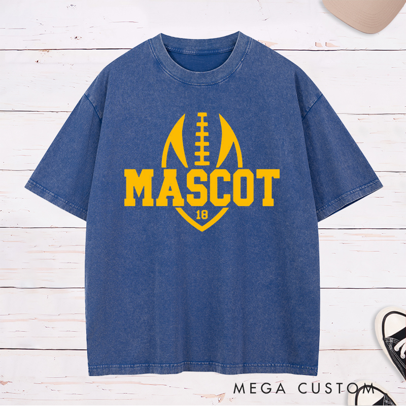 Personalized American Football and Rugby Washed T-Shirts Featuring Custom Mascot and Number on the Front