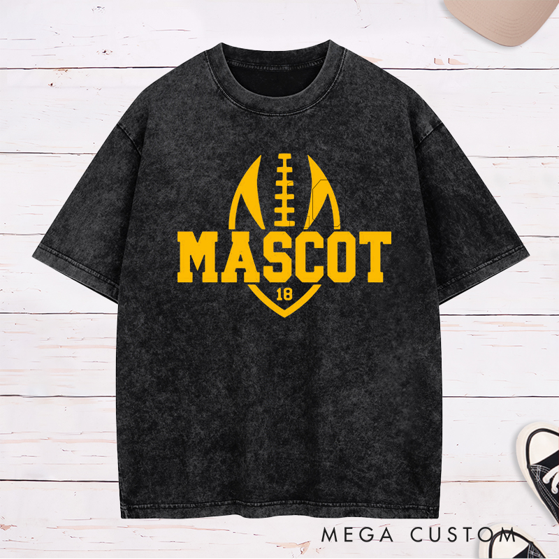 Personalized American Football and Rugby Washed T-Shirts Featuring Custom Mascot and Number on the Front