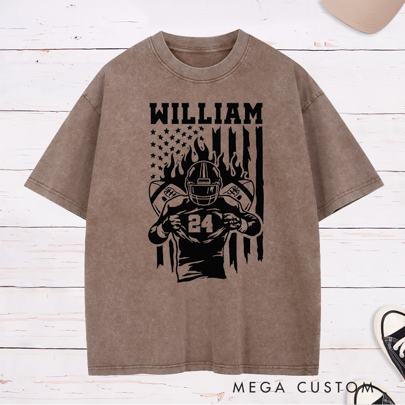 Personalized American Football Warrior Washed T-Shirts Featuring Custom Text on the Front