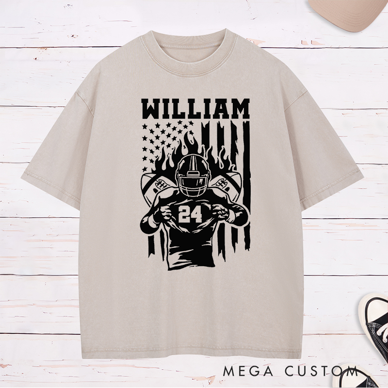 Personalized American Football Warrior Washed T-Shirts Featuring Custom Text on the Front