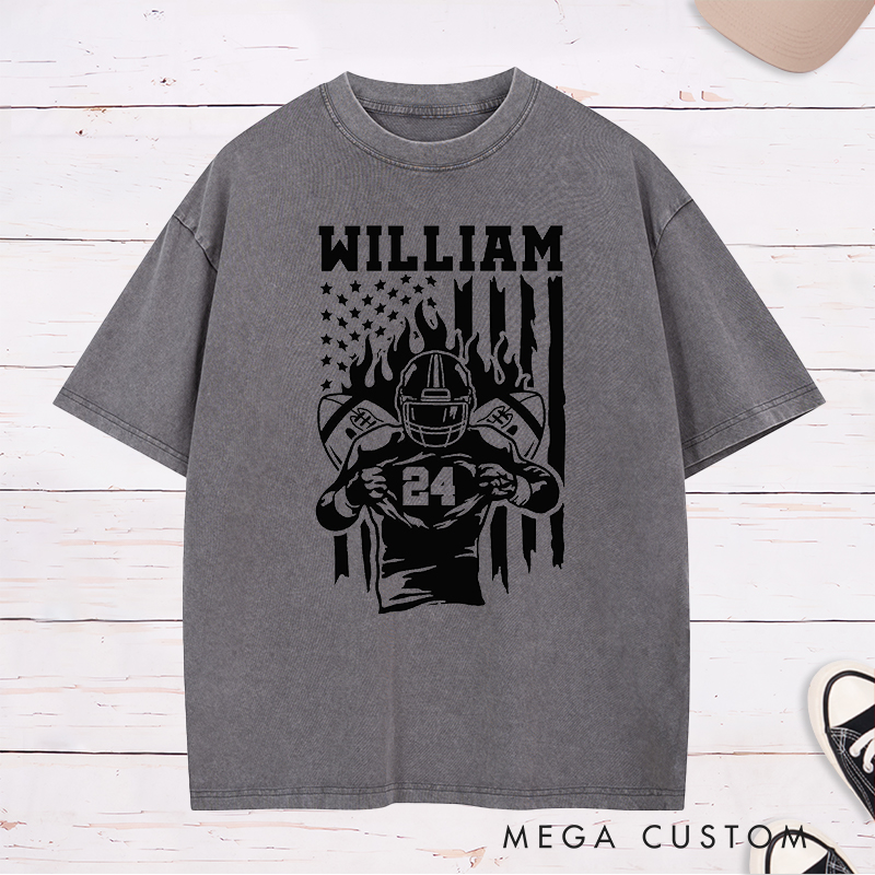 Personalized American Football Warrior Washed T-Shirts Featuring Custom Text on the Front