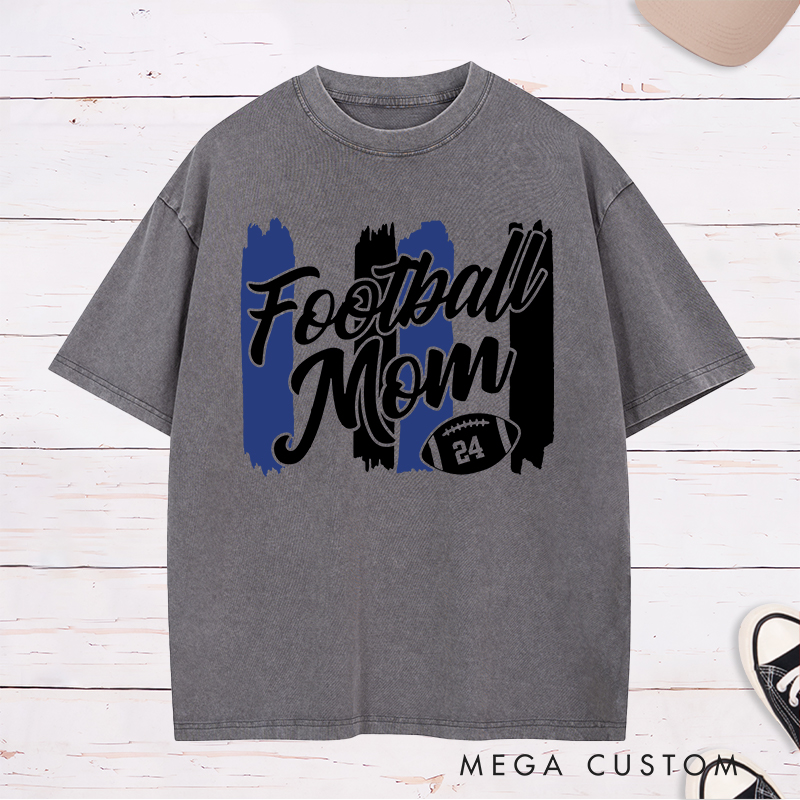 Personalized American Football Mom Washed T-Shirts Featuring Custom Number on the Front