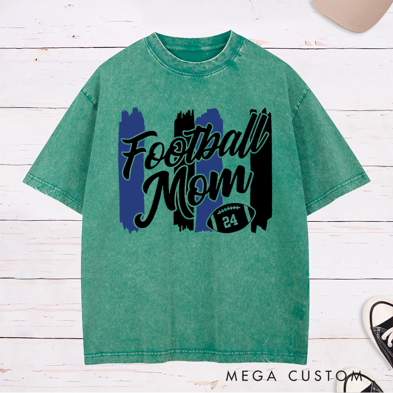Personalized American Football Mom Washed T-Shirts Featuring Custom Number on the Front