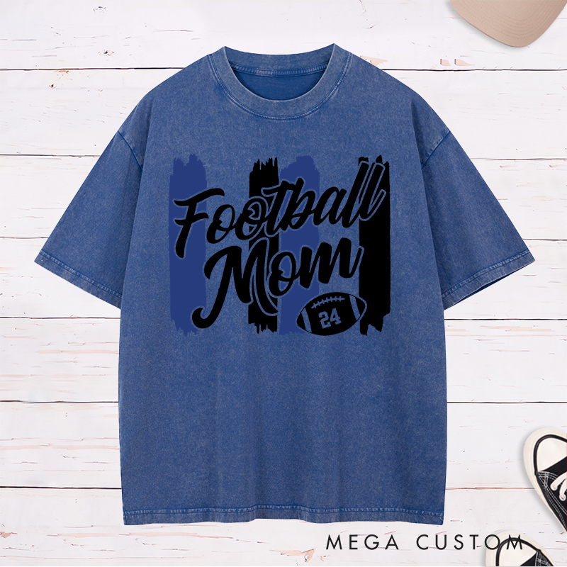 Personalized American Football Mom Washed T-Shirts Featuring Custom Number on the Front