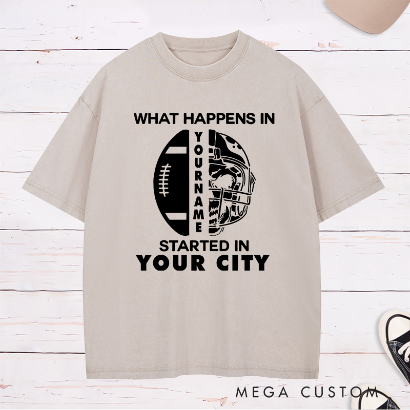 Personalized American Football Skull Washed T-Shirts Featuring Custom Name and City for New Football Fan Shirt Gift