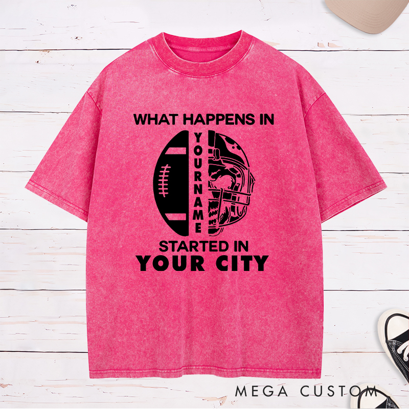Personalized American Football Skull Washed T-Shirts Featuring Custom Name and City for New Football Fan Shirt Gift