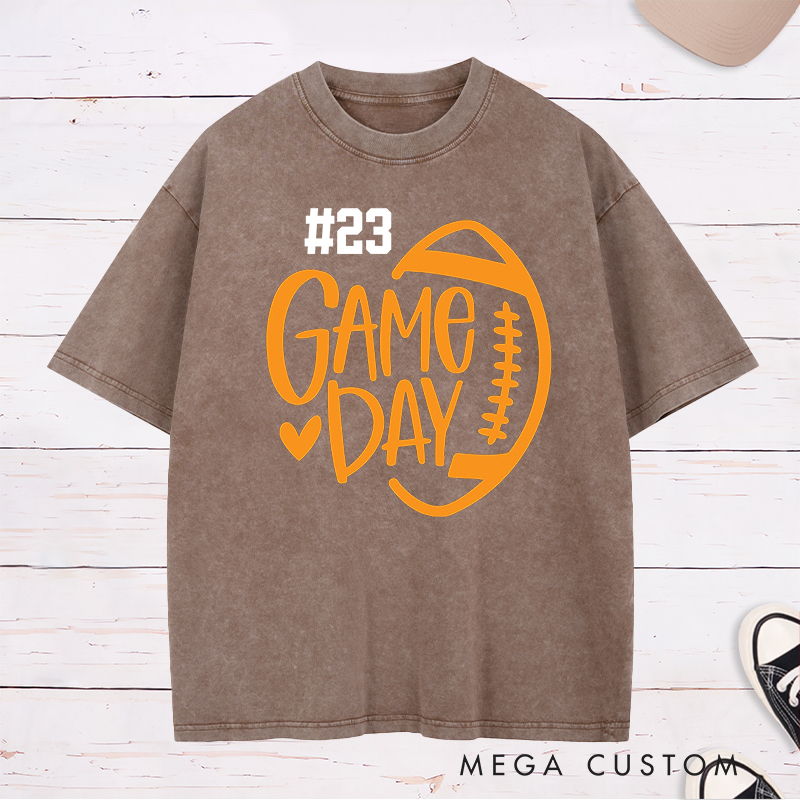 Personalized American Football and Rugby Washed T-Shirts Featuring Custom Number and City for Game Day