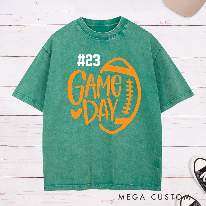 Personalized American Football and Rugby Washed T-Shirts Featuring Custom Number and City for Game Day