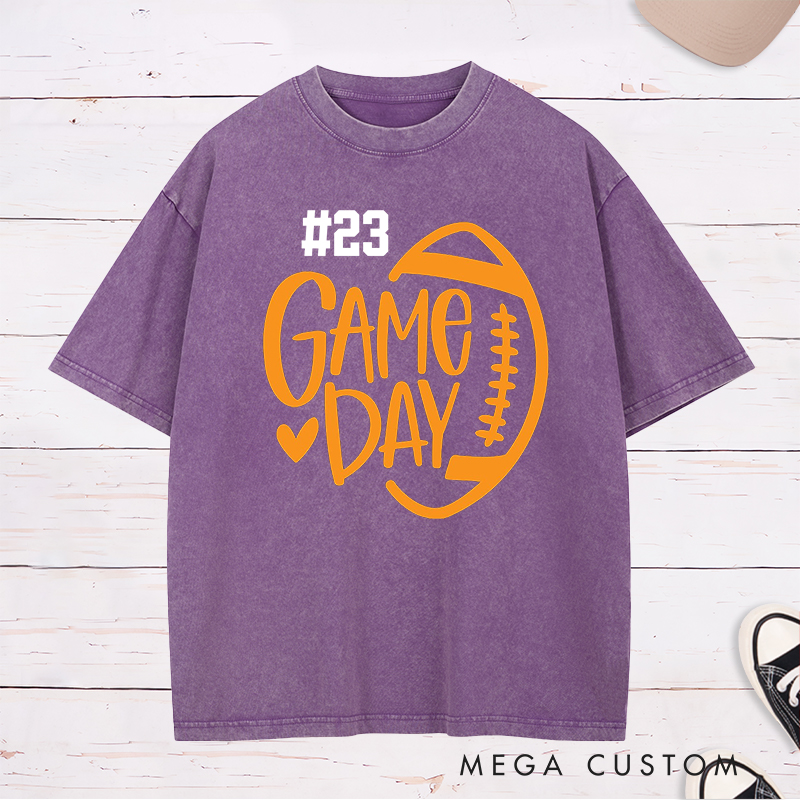 Personalized American Football and Rugby Washed T-Shirts Featuring Custom Number and City for Game Day