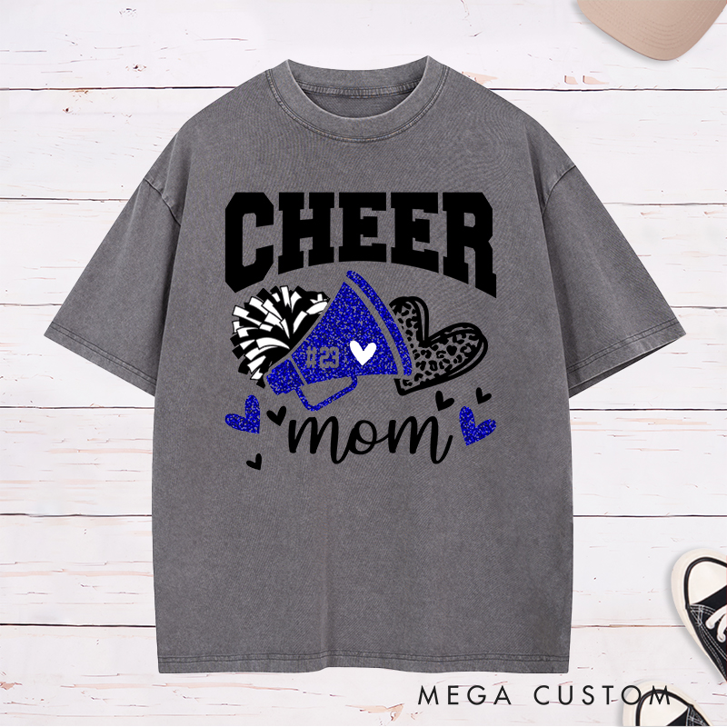 Personalized Cheer Mom Washed T-Shirts Featuring Custom Name - Leopard Glitter Print Heart T-Shirt