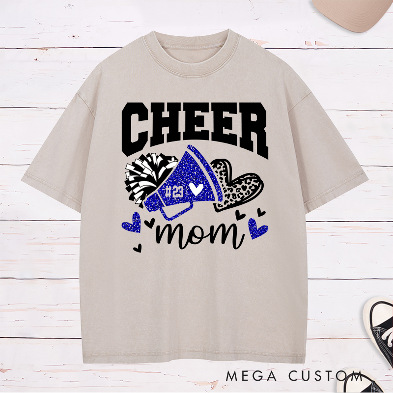 Personalized Cheer Mom Washed T-Shirts Featuring Custom Name - Leopard Glitter Print Heart T-Shirt