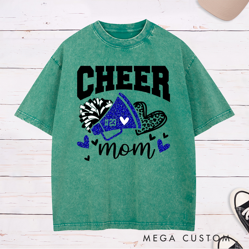 Personalized Cheer Mom Washed T-Shirts Featuring Custom Name - Leopard Glitter Print Heart T-Shirt