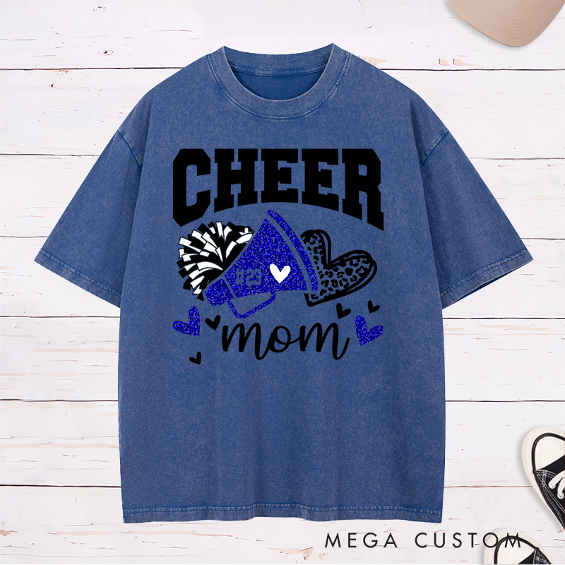 Personalized Cheer Mom Washed T-Shirts Featuring Custom Name - Leopard Glitter Print Heart T-Shirt