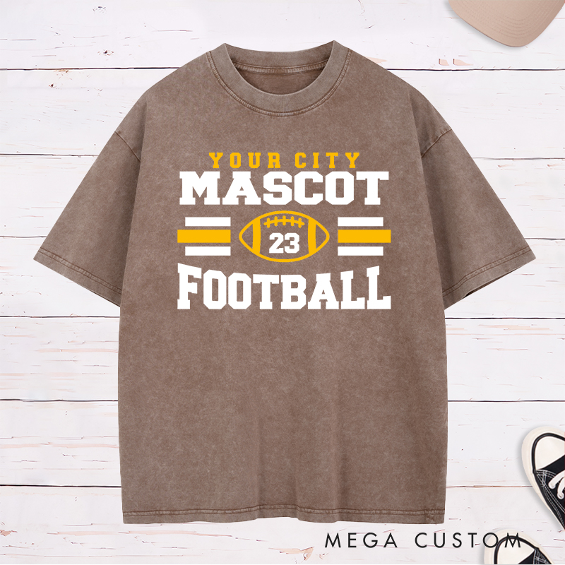 Personalized American Football Washed T-Shirts Featuring Custom Mascot, City and Number