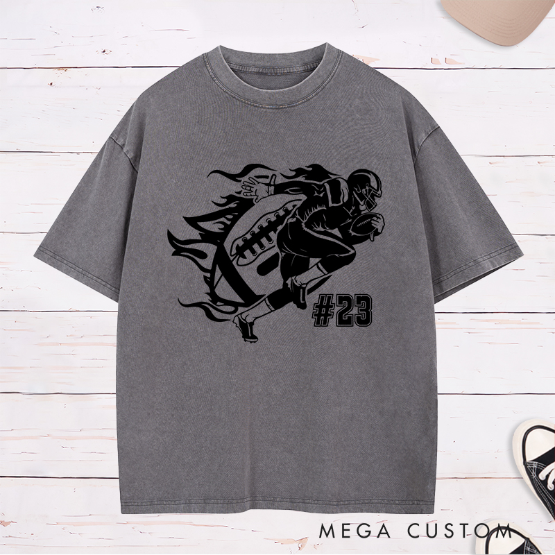 Personalized American Football Action Flames Washed T-Shirts Featuring Custom Number