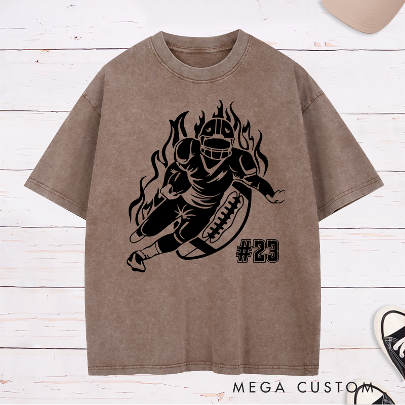 Personalized American Football Player Washed T-Shirts Featuring Custom Number for Football Action Tee
