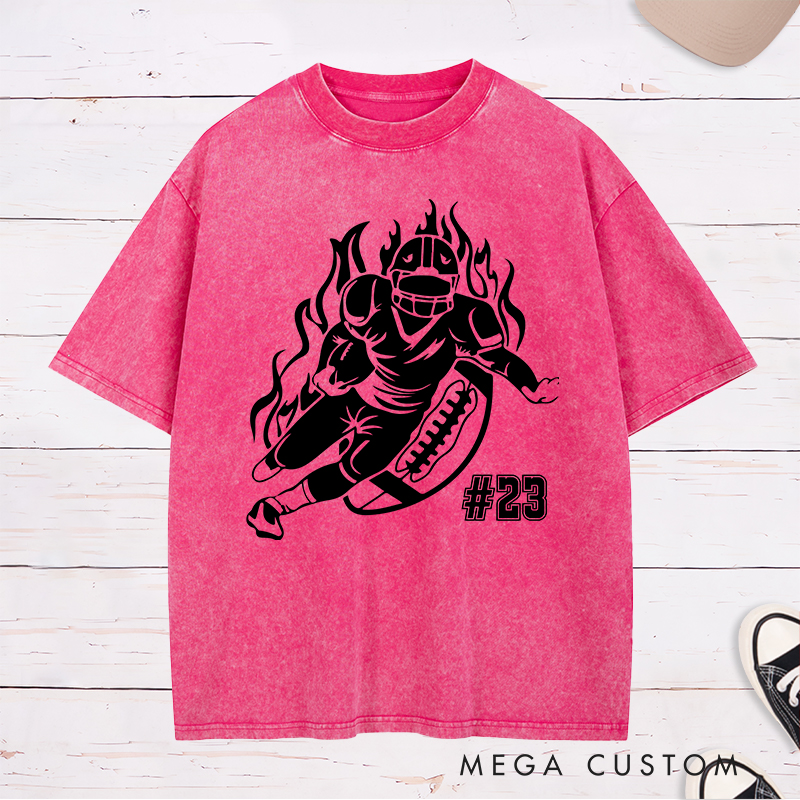 Personalized American Football Player Washed T-Shirts Featuring Custom Number for Football Action Tee