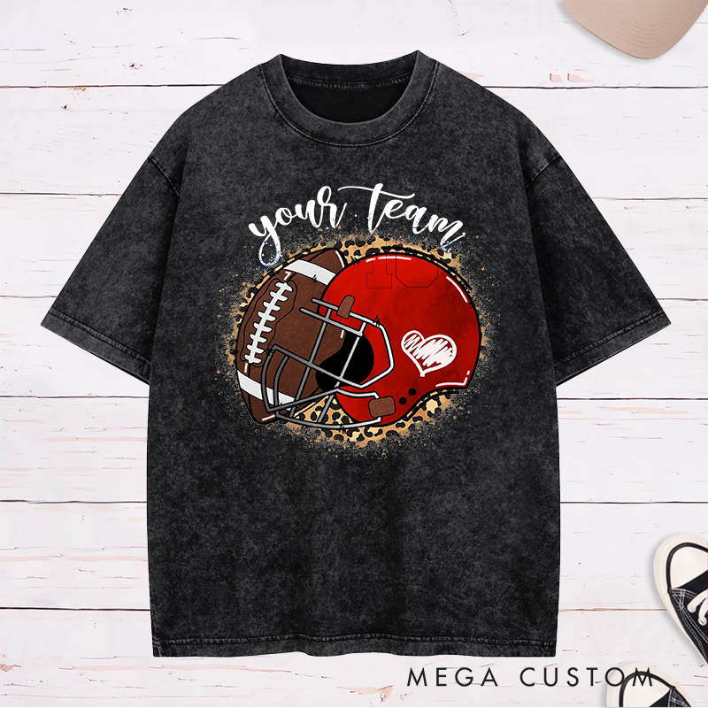 Personalized American Football Ball And Helmet Washed T-Shirts Featuring Custom Team Name