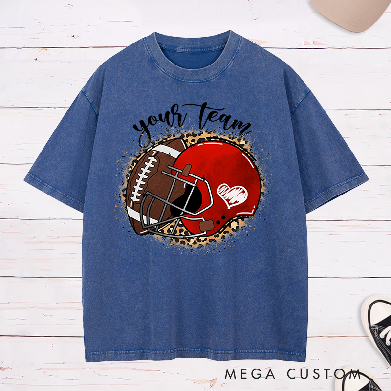 Personalized American Football Ball And Helmet Washed T-Shirts Featuring Custom Team Name