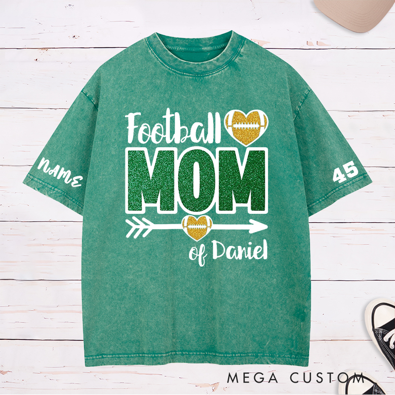 Personalized American Football Mom Washed T-Shirts Featuring Custom Team Name and Number for Game Day Fans