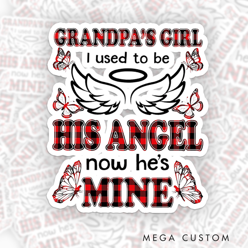 Personalized Grandpa’s Girl Sticker Plaid Angel Wings Butterflies Sympathy Gift for Grieving Loss of Grandpa