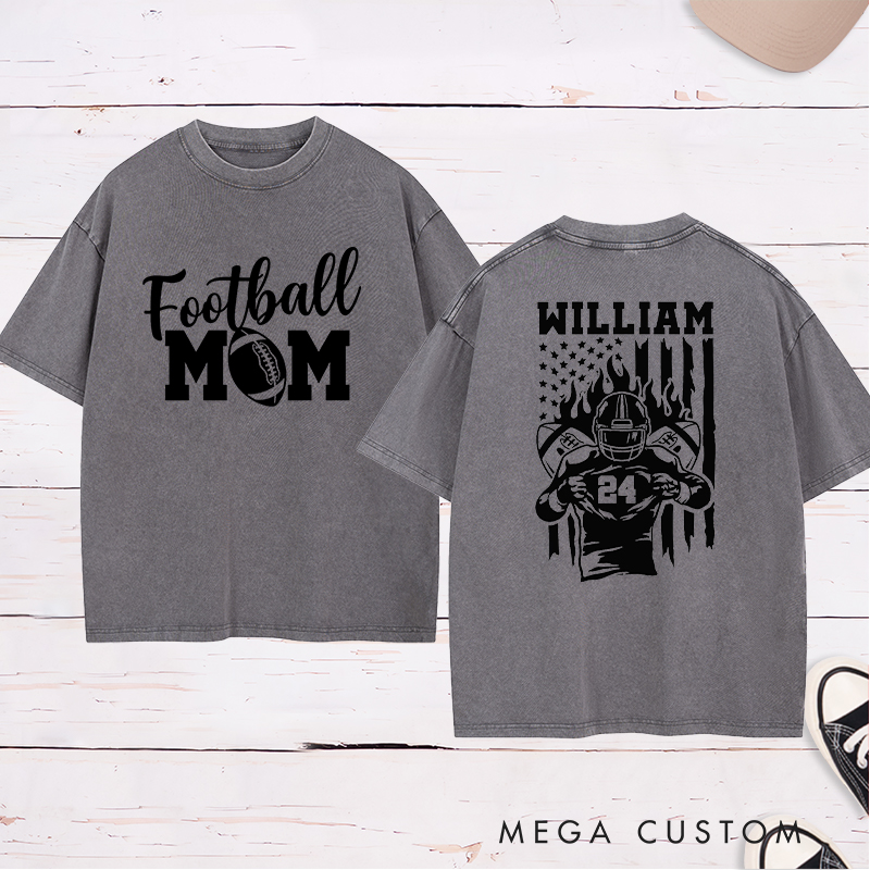 Personalized American Football Mom Washed T-Shirts Featuring Custom Team Name and Number for Proudly Supporting Your Star Player