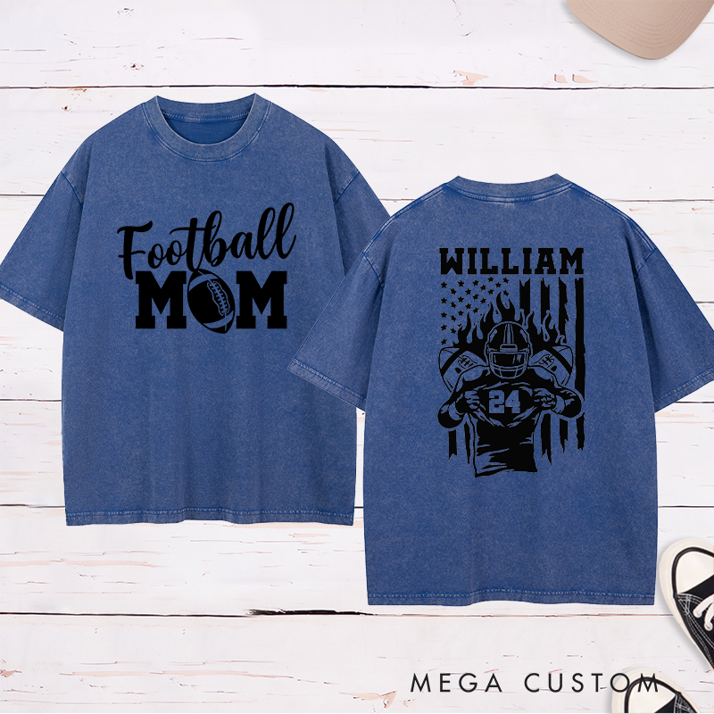 Personalized American Football Mom Washed T-Shirts Featuring Custom Team Name and Number for Proudly Supporting Your Star Player