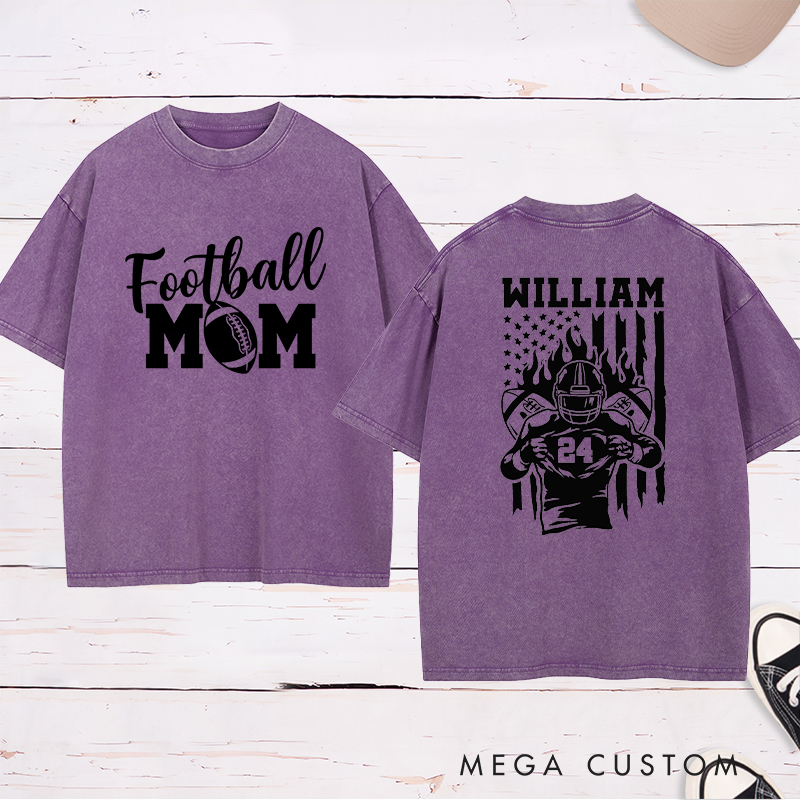 Personalized American Football Mom Washed T-Shirts Featuring Custom Team Name and Number for Proudly Supporting Your Star Player