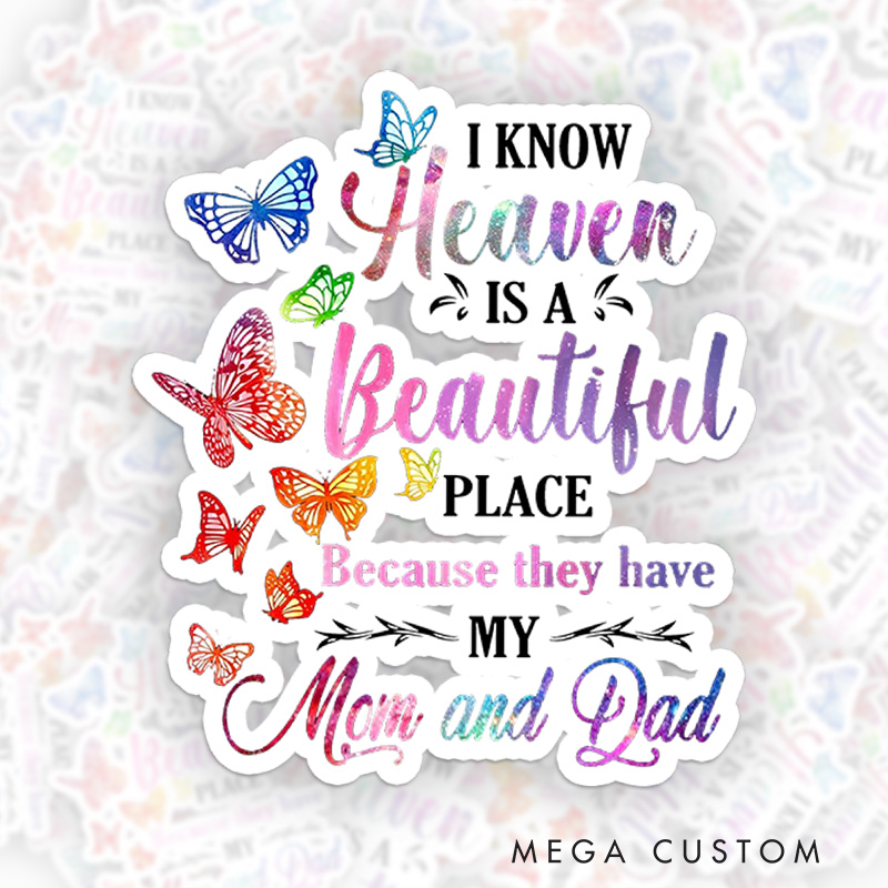 Personalized Mom Dad Memorial Sticker Colorful Butterflies Heaven Design Sympathy Gift for Loss of Parents Grieving