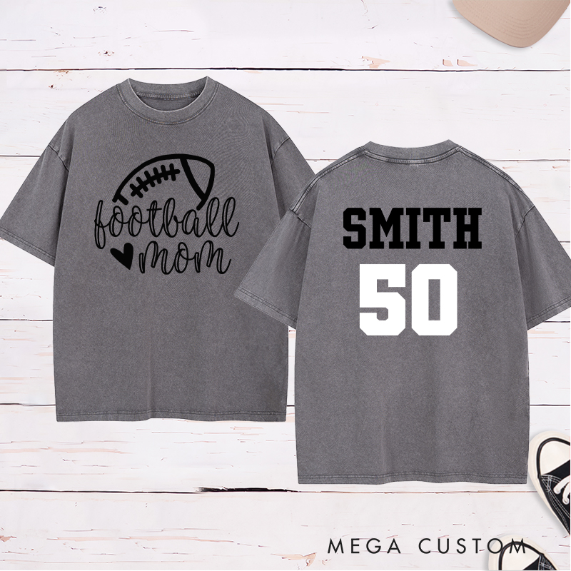Personalized American Football Mom Washed T-Shirts Featuring Custom Name and Number