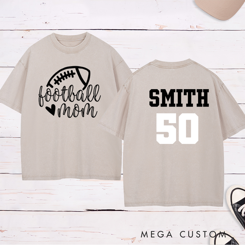 Personalized American Football Mom Washed T-Shirts Featuring Custom Name and Number