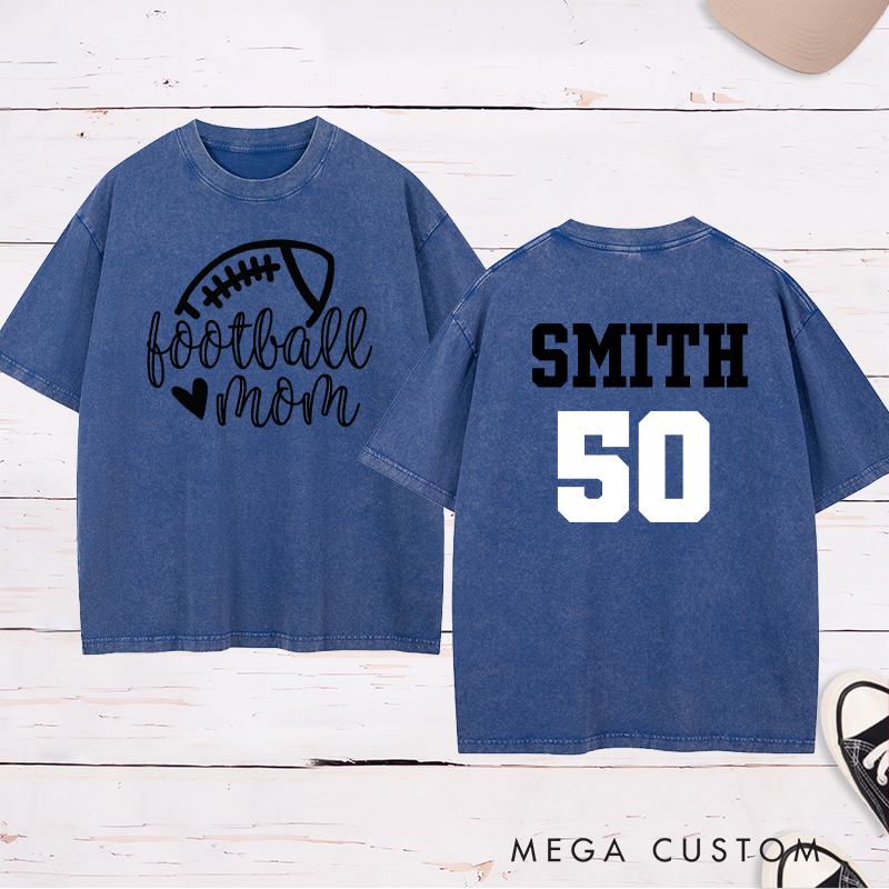 Personalized American Football Mom Washed T-Shirts Featuring Custom Name and Number