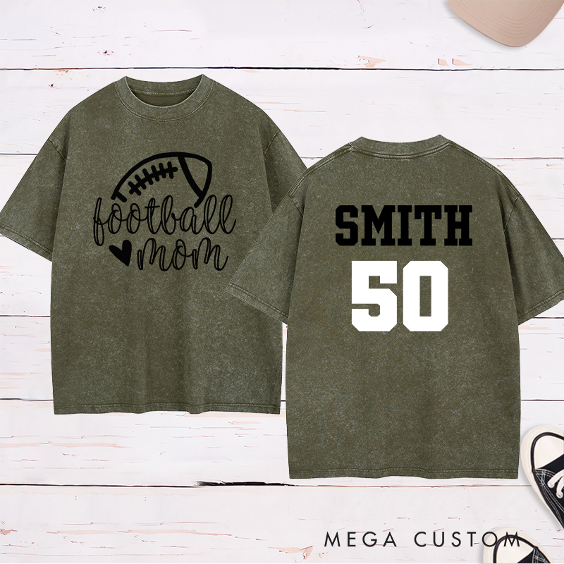 Personalized American Football Mom Washed T-Shirts Featuring Custom Name and Number