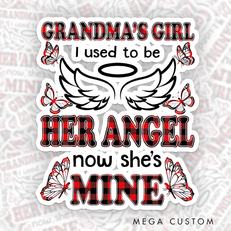 Personalized Grandma’s Girl Sticker Plaid Font Angel Wings Butterflies Sympathy Gift for Loss of Grandma Grieving