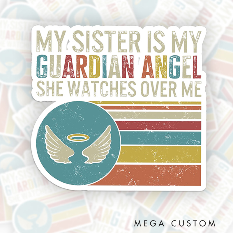 Personalized Sister Memorial Sticker Retro Stripes Guardian Angel Watches Over Sympathy Gift Loss of Sister
