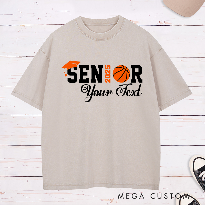 Personalized Washed T-Shirt Design Celebrating Senior 2025 Featuring a Basketball Graphic Graduation Cap and Customizable Text for a Relaxed and Timeless Look