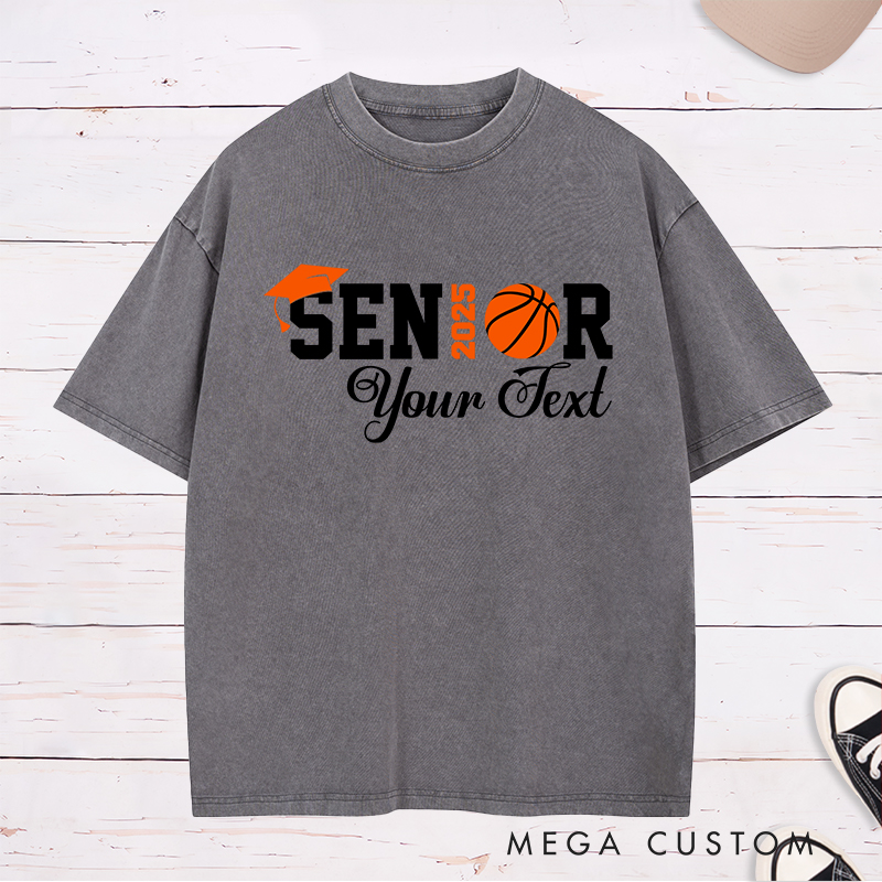 Personalized Washed T-Shirt Design Celebrating Senior 2025 Featuring a Basketball Graphic Graduation Cap and Customizable Text for a Relaxed and Timeless Look