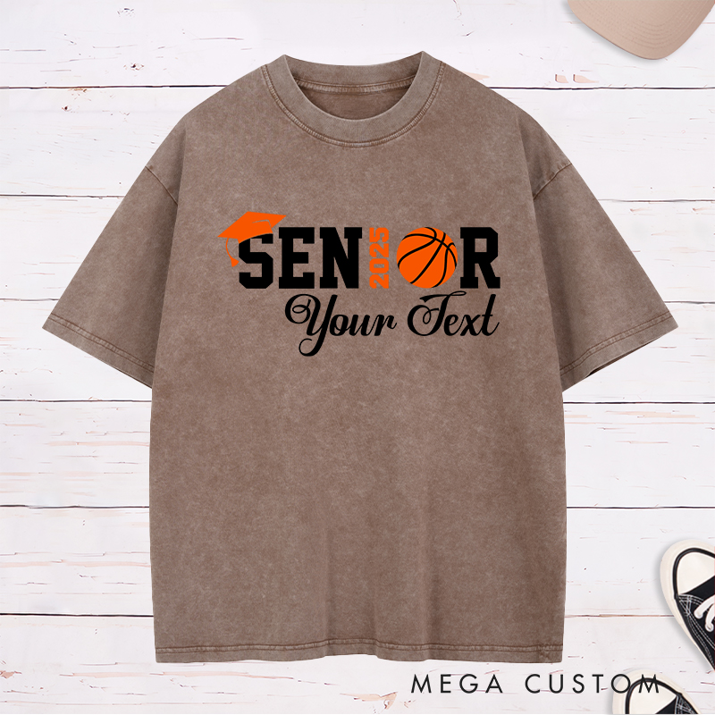 Personalized Washed T-Shirt Design Celebrating Senior 2025 Featuring a Basketball Graphic Graduation Cap and Customizable Text for a Relaxed and Timeless Look