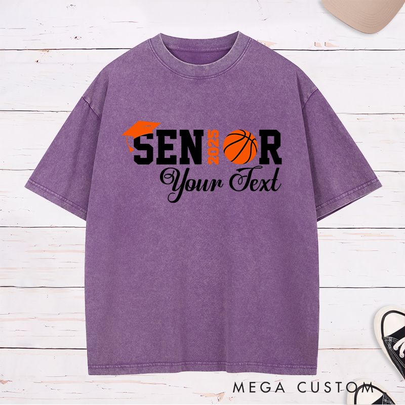 Personalized Washed T-Shirt Design Celebrating Senior 2025 Featuring a Basketball Graphic Graduation Cap and Customizable Text for a Relaxed and Timeless Look