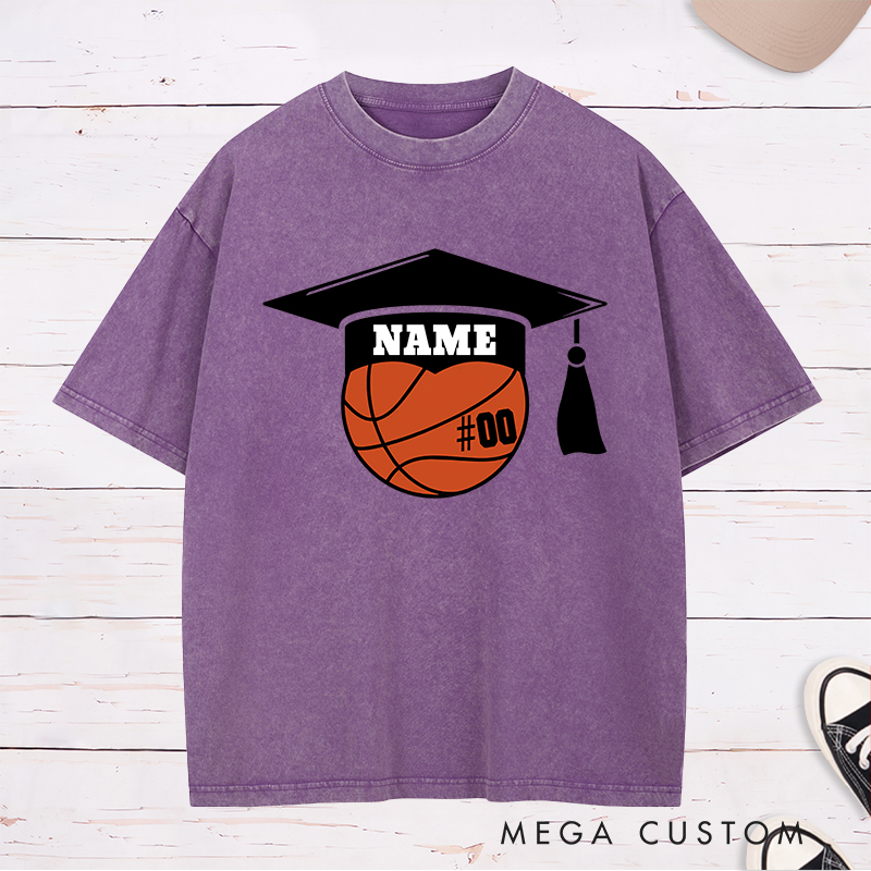 Personalized Washed T-Shirt Design Featuring a Basketball Graduation Cap Graphic with Customizable Jersey Number for a Unique Senior Look